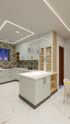 Aqua Blue Modular Kitchen design with high glossy finish